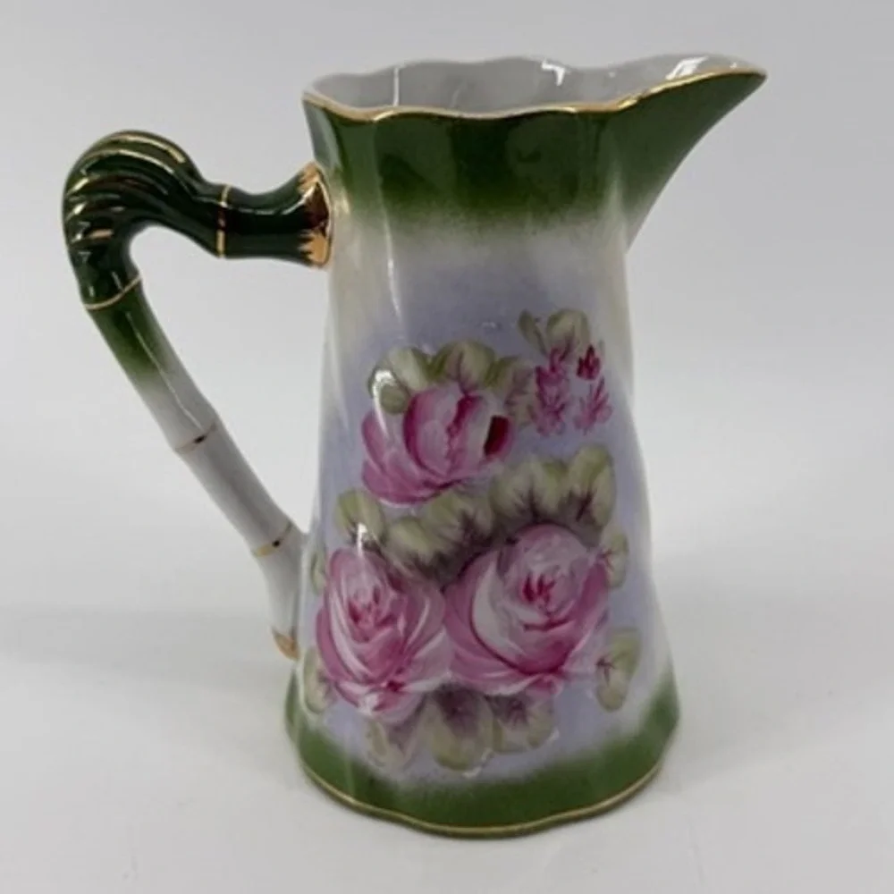 Vintage Hand Painted Floral Porcelain Pitcher Pink Roses Gold Trim Green 7in